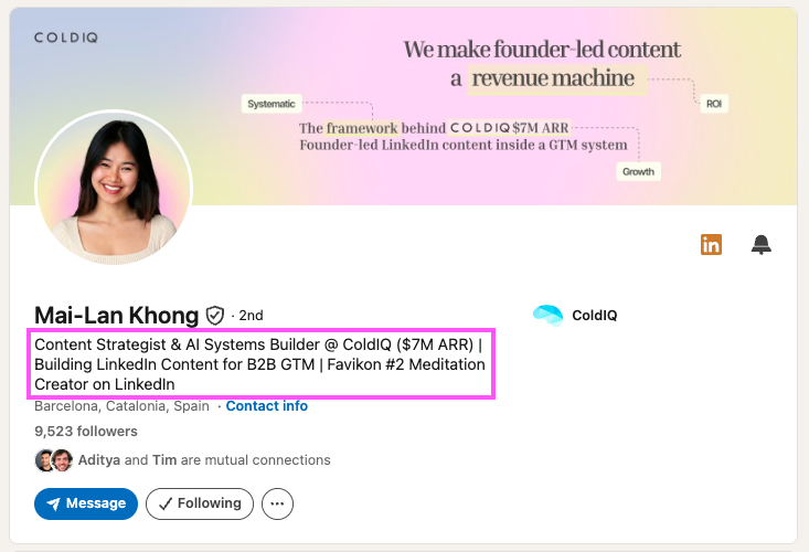 Free Linkedin Headline Generator - Mai-Lan Khong Content Strategist at ColdIQ Linkedin Profile Headline
